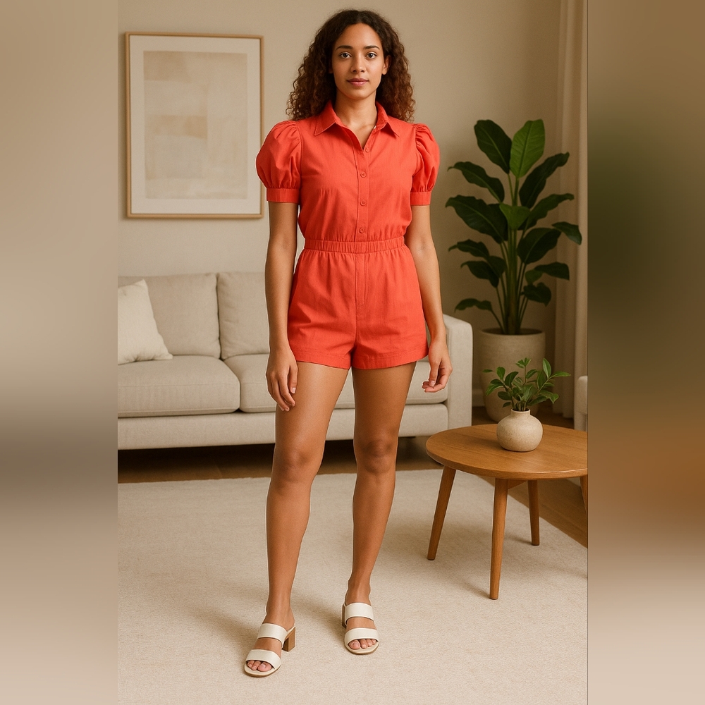 Main Strip Women's Puff Sleeve Romper with Pockets – Button Front, Collared